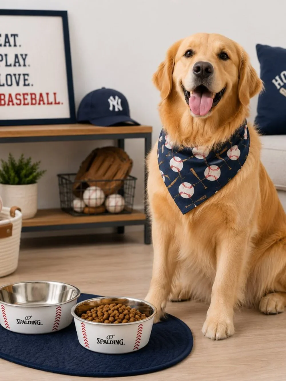Spalding 2 Pc Baseball Pet Bowl Set Stainless Steel Food Water Bowls Dog Cat